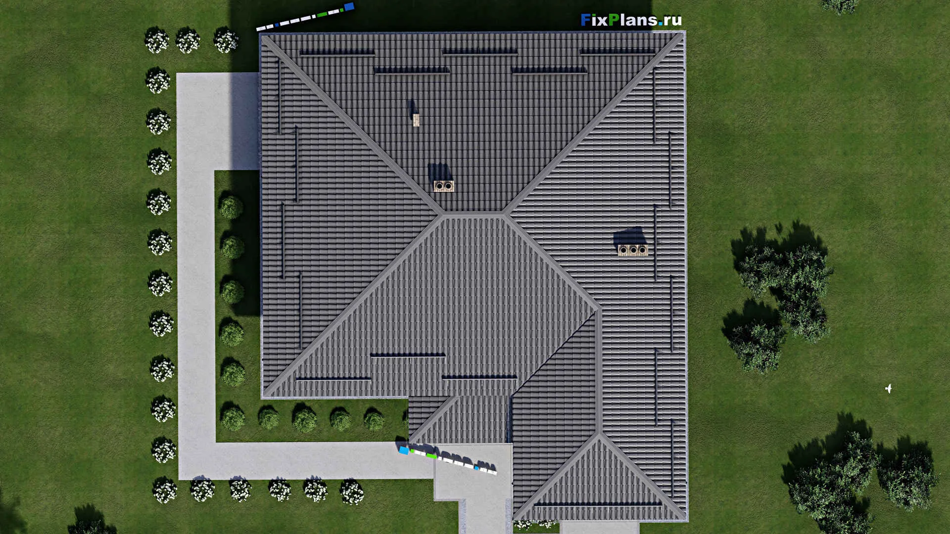 F-2168 - План одноэтажного дома 16 на 18, площадью 180 м² с террасой, баней, гаражом на 1 машину и 2 спальнями