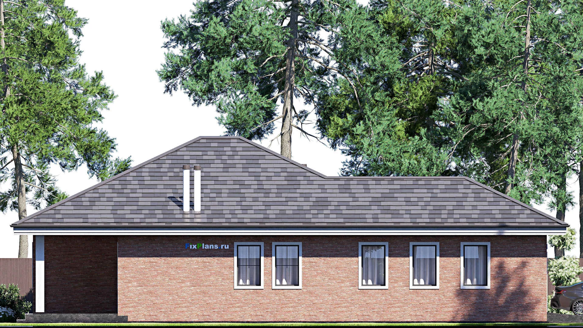 F-19700 - Проект одноэтажного дома 18 на 19, площадью 200 м² с террасой, гаражом на 2 машины и 2 спальнями