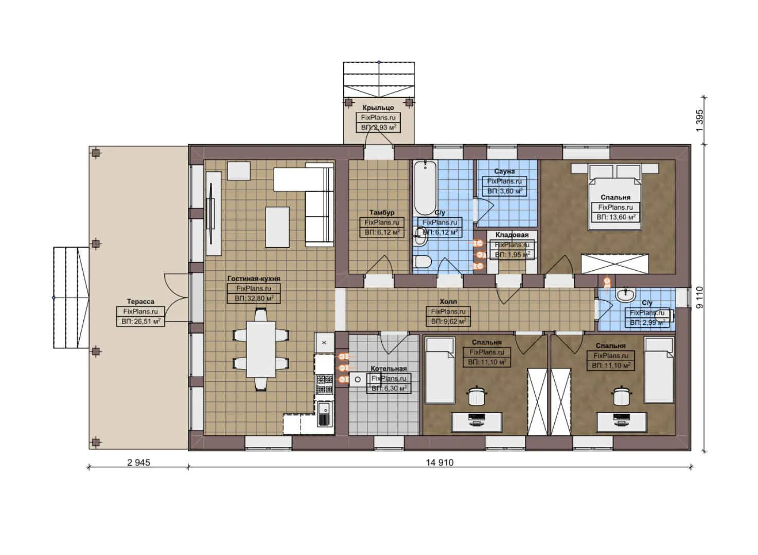 F-5138 - План одноэтажного дома 10 на 15, площадью 140 м² с террасой, баней и 3 спальнями