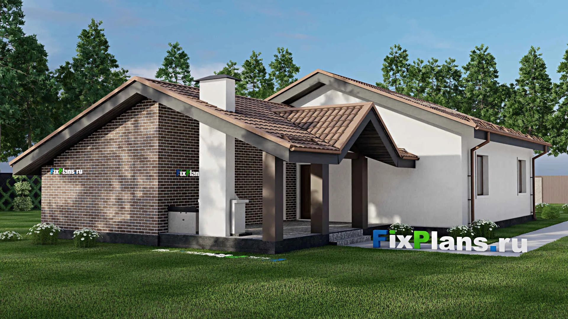 F-9053 - План одноэтажного дома 12 на 26, площадью 190 м² с террасой, баней, гаражом на 1 машину и 2 спальнями