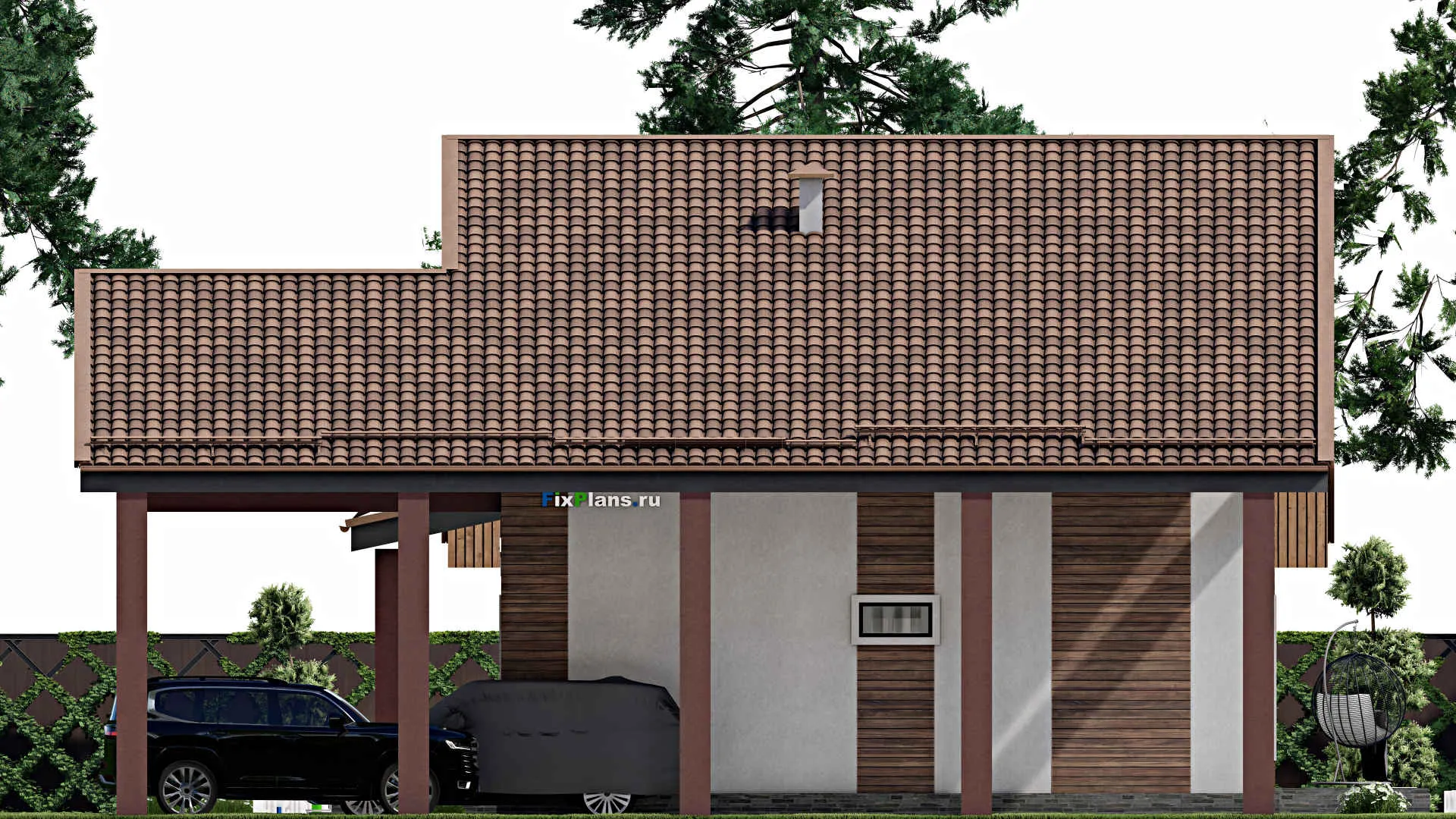 F-9080 - Проект одноэтажного дома 14 на 14, площадью 130 м² с террасой и 2 спальнями