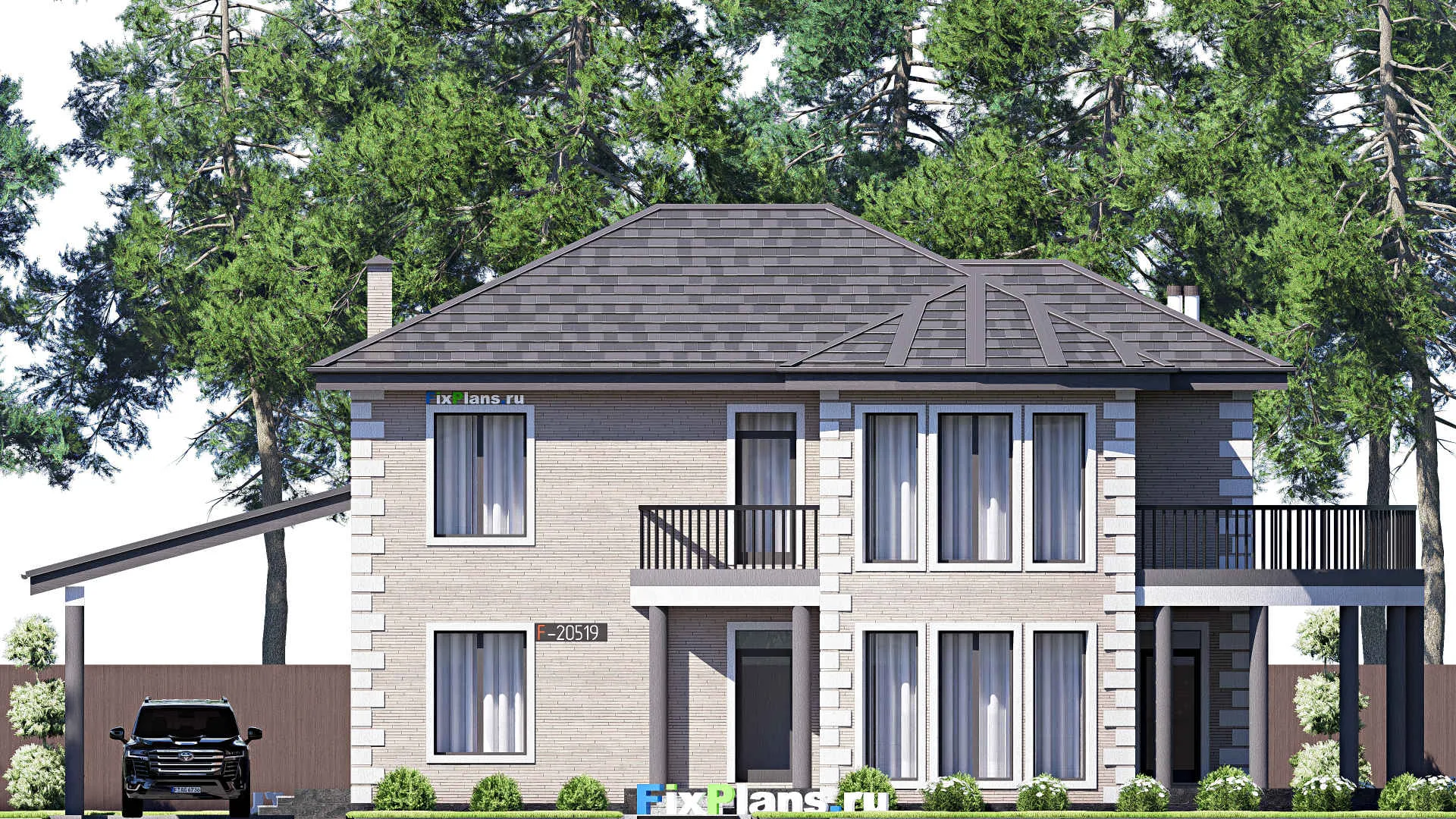 F-20519 - Проект двухэтажного дома 14 на 18, площадью 250 м² с террасой, балконом и 5 спальнями