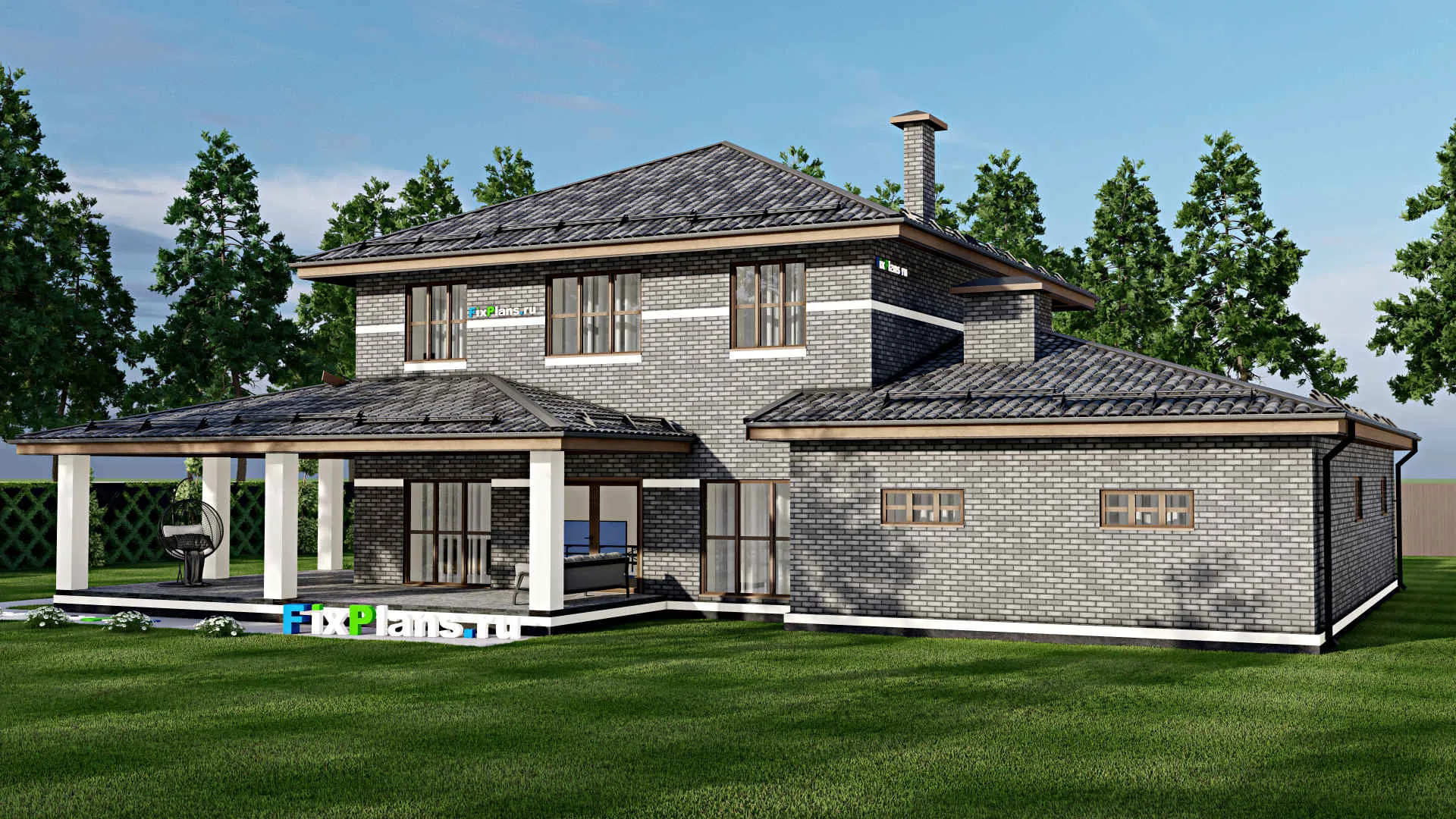 F-3482 - Планы двухэтажного дома 19 на 23, площадью 350 м² с террасой, гаражом на 2 машины и 5 спальнями