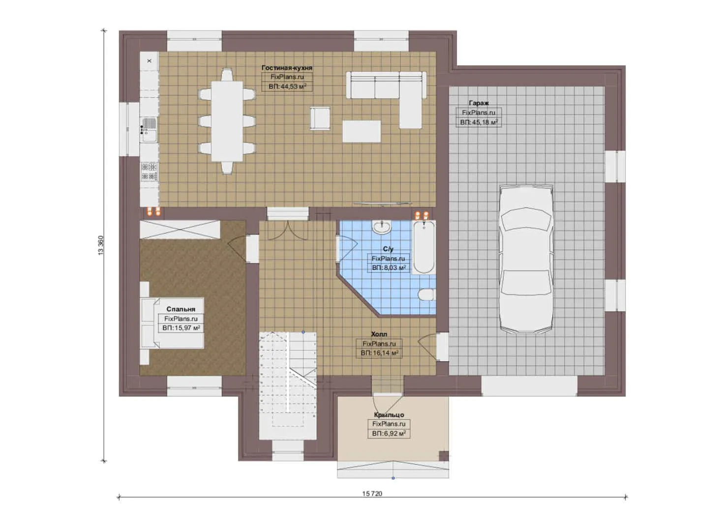 F-16982 - Планы двухэтажного дома 14 на 16, площадью 220 м² с гаражом на 2 машины и 4 спальнями