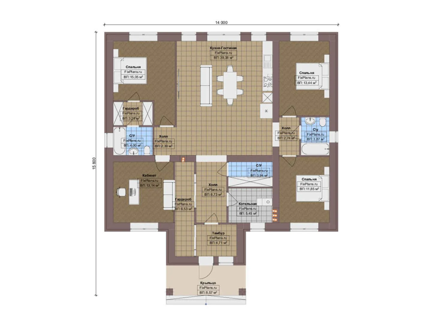 F-18332 - План одноэтажного дома 14 на 16, площадью 150 м² с 3 спальнями