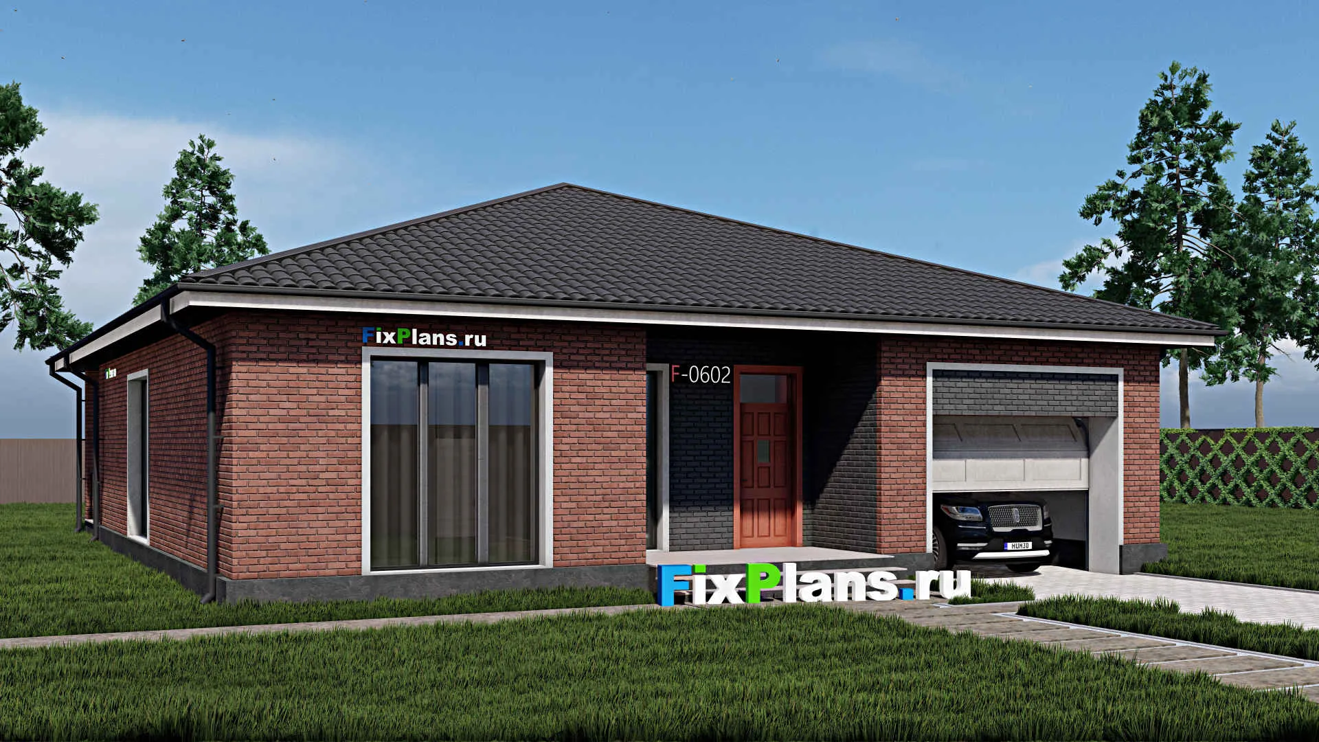 F-0602 - Проект одноэтажного дома 14 на 16, площадью 180 м² с террасой, гаражом на 1 машину и 3 спальнями