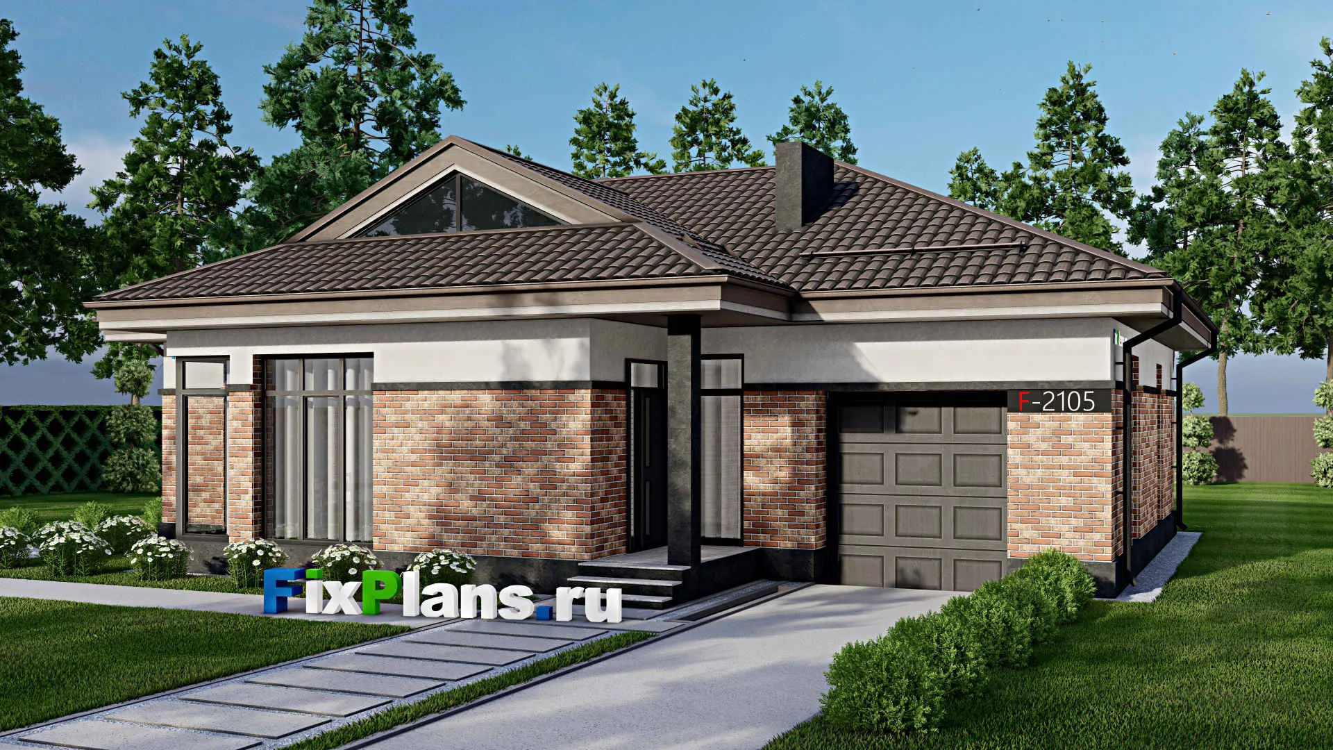 F-2105 - Проект одноэтажного дома 13 на 15, площадью 140 м² с террасой, гаражом на 2 машины и 2 спальнями