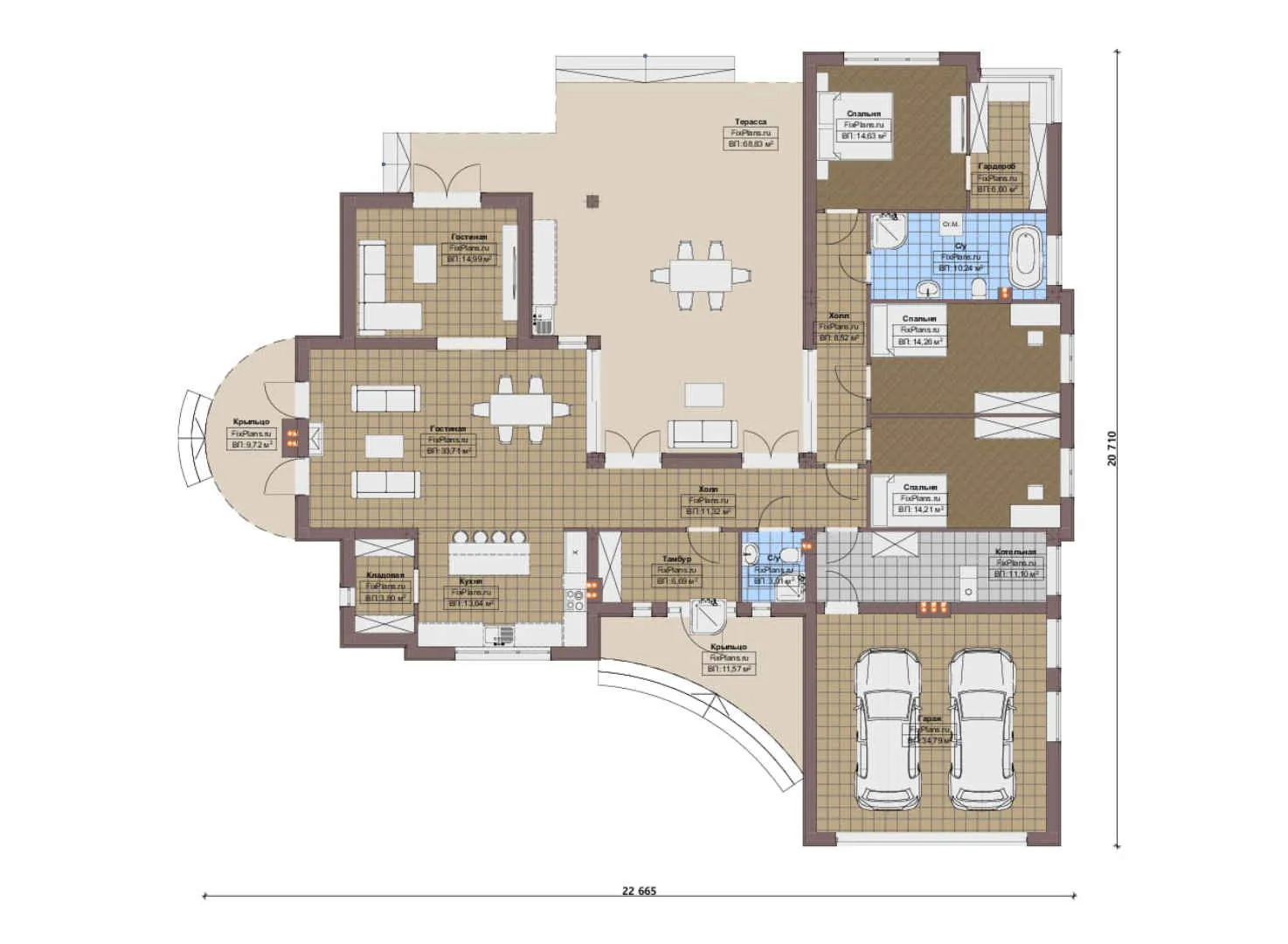 F-15893 - План одноэтажного дома 21 на 23, площадью 300 м² с террасой, гаражом на 1 машину и 3 спальнями