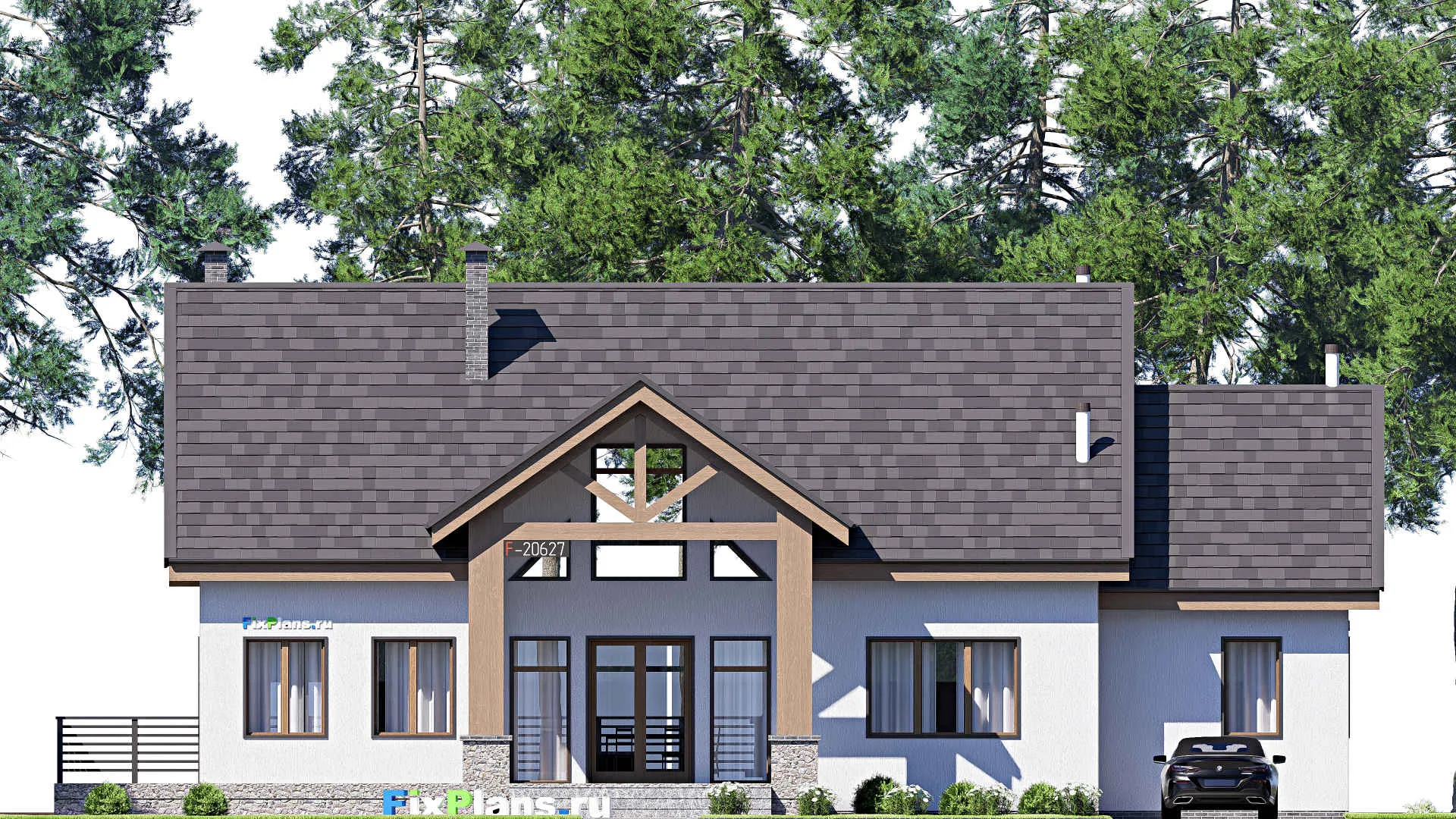 F-20627 - Проект одноэтажного дома 18 на 23, площадью 570 м² с террасой, цокольным этажом, гаражом на 2 машины и 3 спальнями