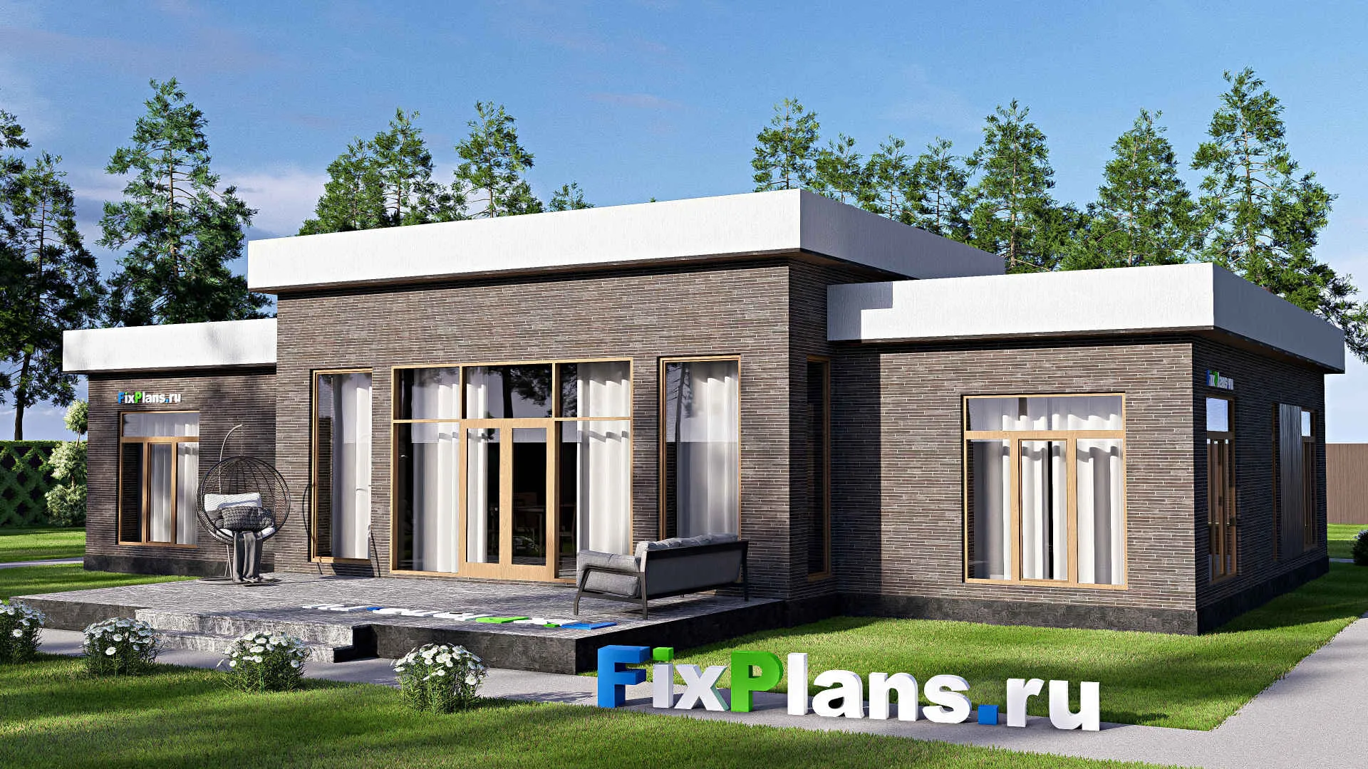 F-19601 - План одноэтажного дома 18 на 19, площадью 220 м² с террасой и 4 спальнями