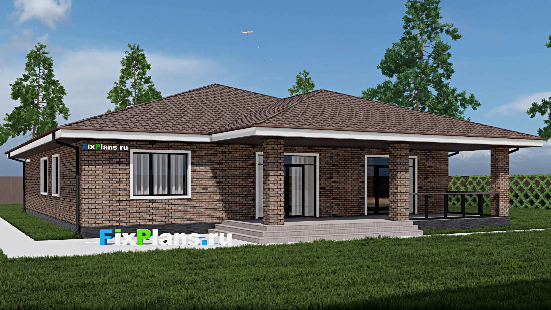 F-0287 - Проект одноэтажного дома 17 на 20, площадью 310 м² с террасой, гаражом на 2 машины и 3 спальнями