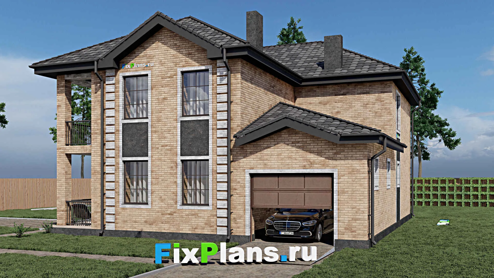 F-0620 - Планы двухэтажного дома 13 на 15, площадью 270 м² с террасой, балконом, гаражом на 1 машину и 4 спальнями