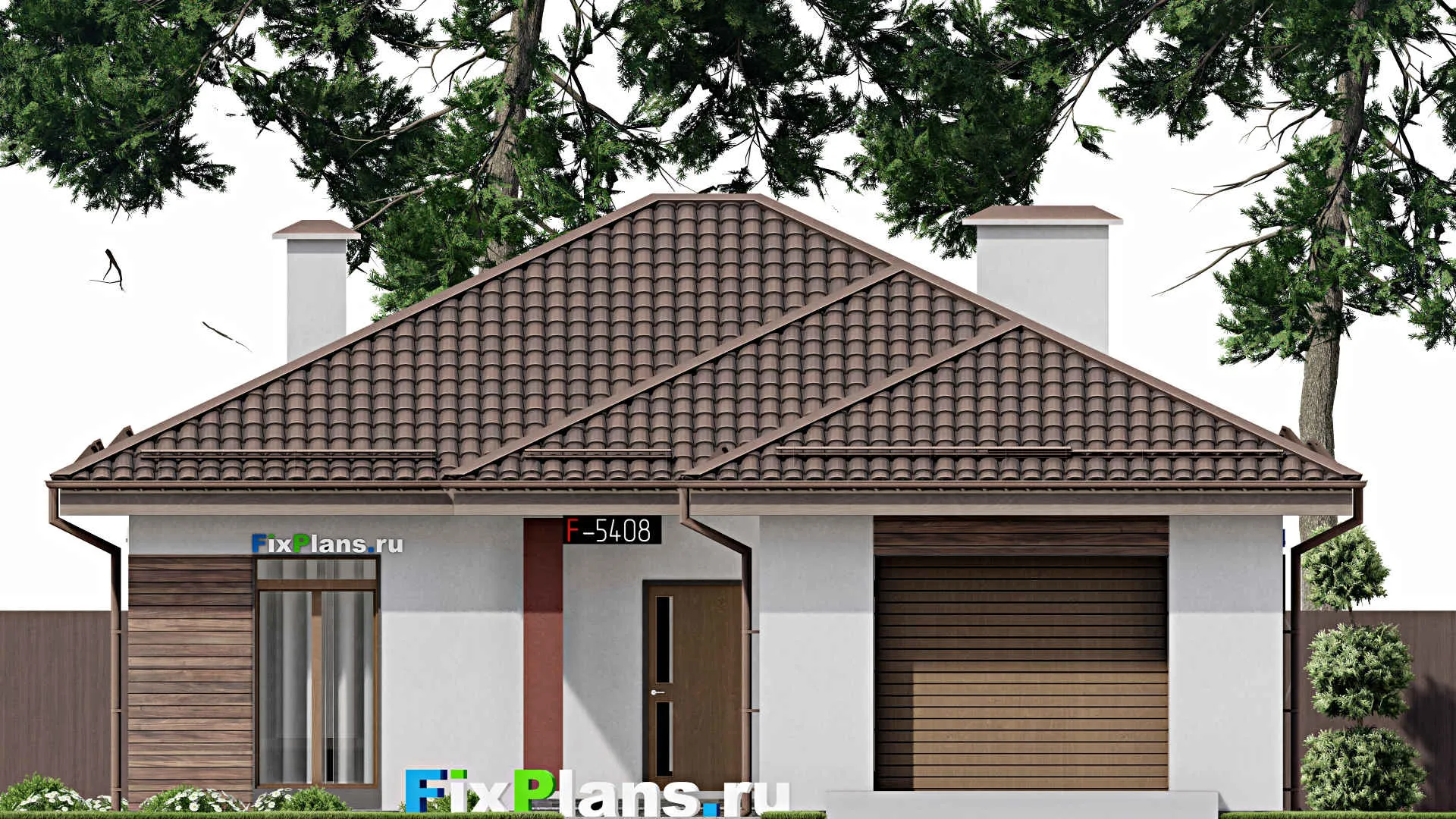 F-5408 - Проект одноэтажного дома 12 на 19, площадью 150 м² с террасой, гаражом на 1 машину и 3 спальнями