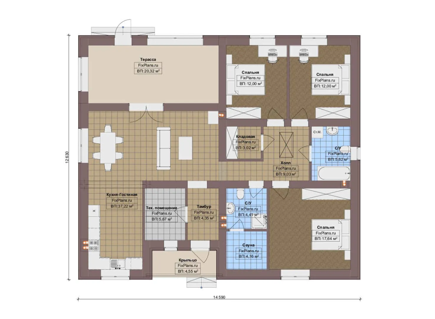 F-18206 - План одноэтажного дома 13 на 15, площадью 140 м² с террасой, баней и 3 спальнями
