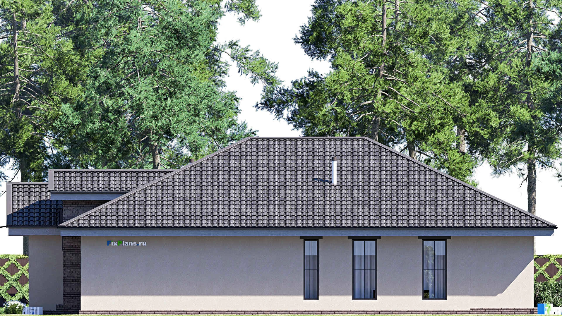 F-20438 - Проект одноэтажного дома 13 на 20, площадью 200 м² с террасой, гаражом на 1 машину и 3 спальнями