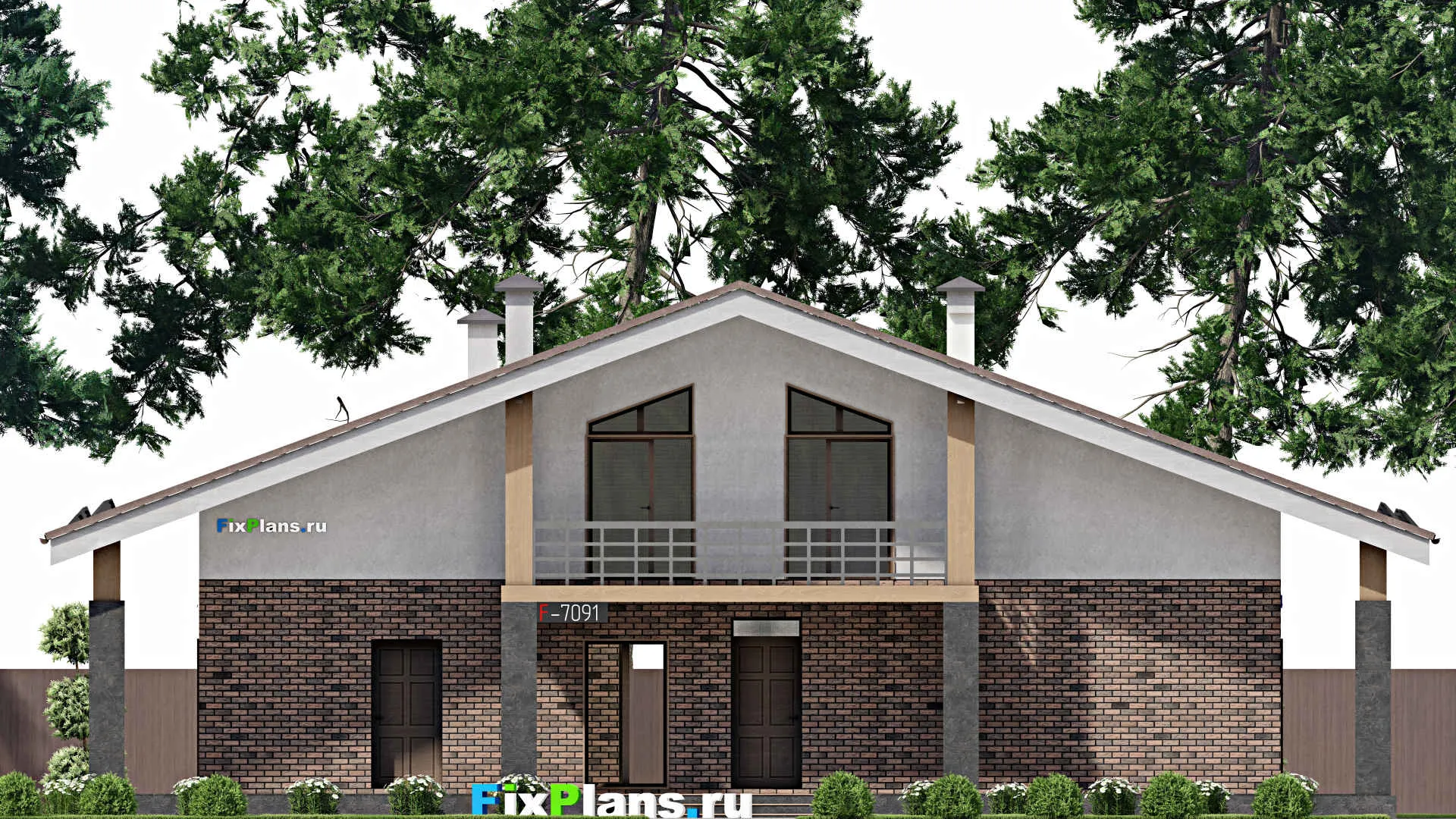 F-7091 - Проект дома с мансардой 19 на 19, площадью 340 м² с террасой, балконом и 4 спальнями