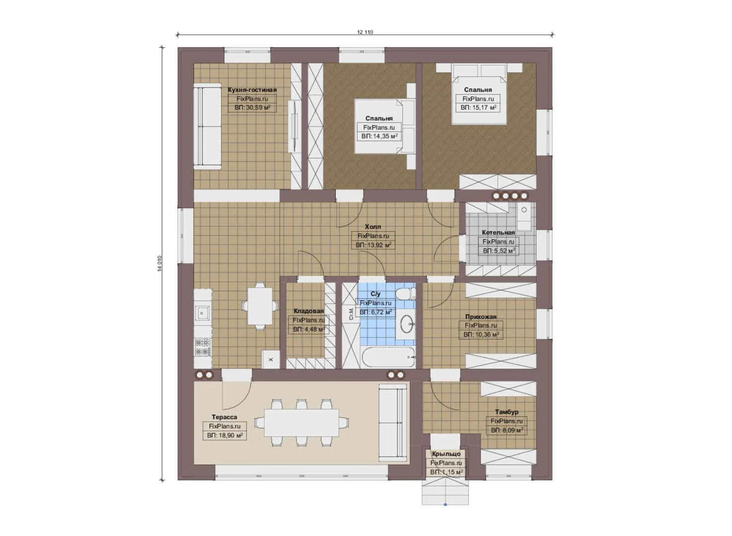 F-14012 - План одноэтажного дома 13 на 15, площадью 130 м² с террасой и 2 спальнями