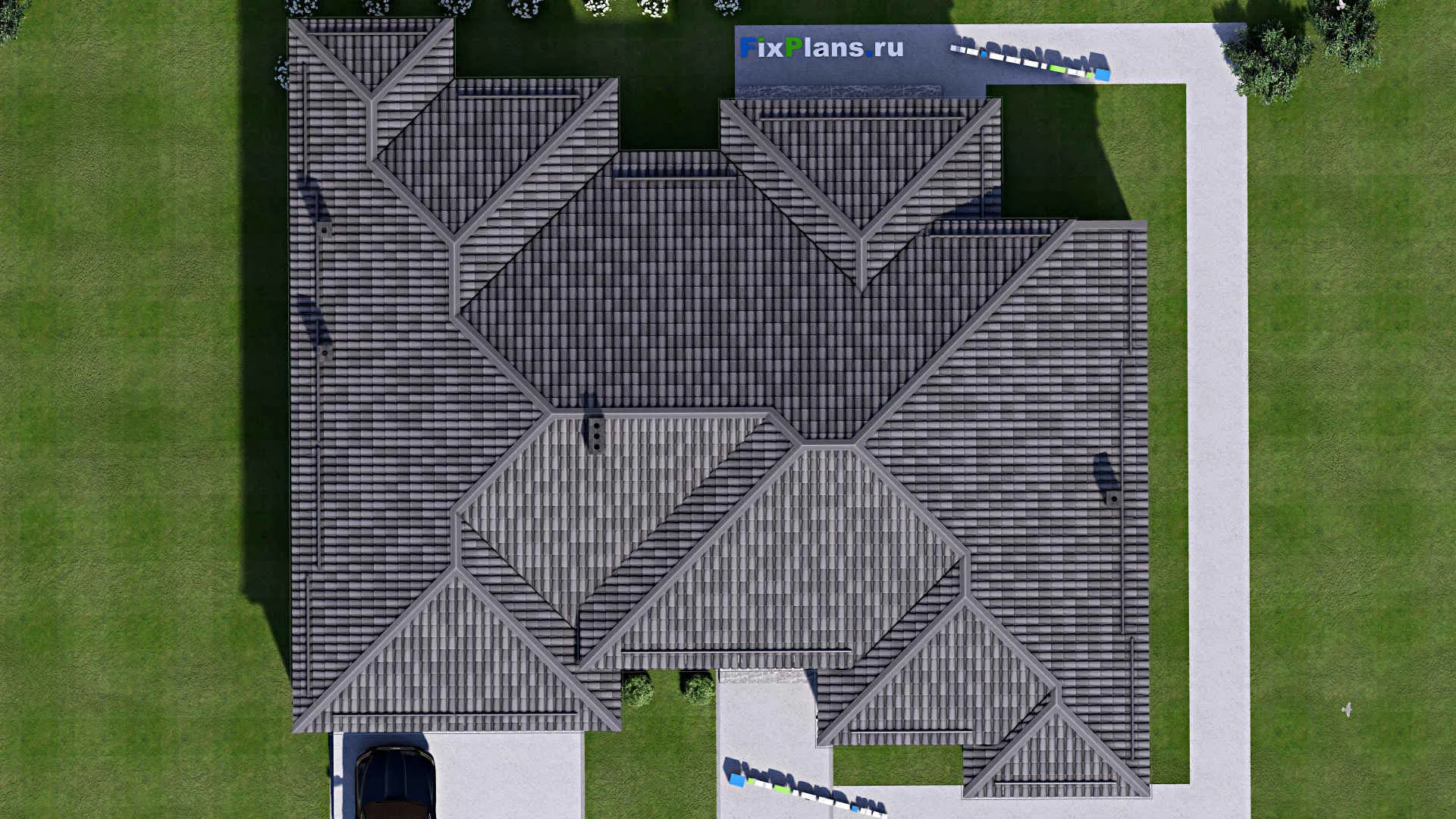 F-16847 - Проект одноэтажного дома 19 на 21, площадью 260 м² с террасой, гаражом на 2 машины и 4 спальнями