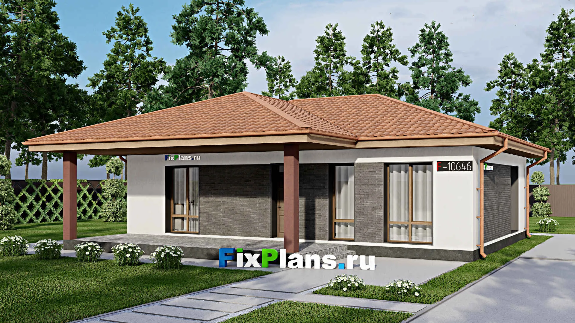 F-10646 - Проект одноэтажного дома 13 на 13, площадью 120 м² с террасой и 3 спальнями