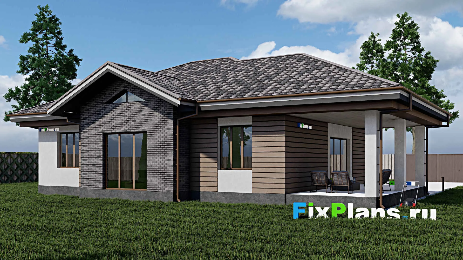 F-0467 - План одноэтажного дома 14 на 14, площадью 190 м² с террасой и 5 спальнями