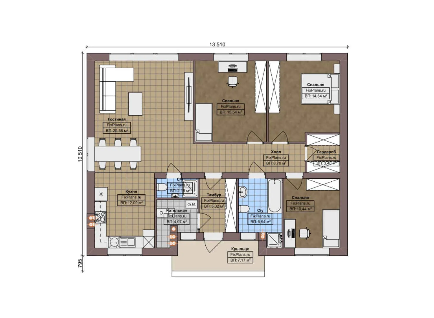 F-6533 - План одноэтажного дома 11 на 14, площадью 120 м² с 3 спальнями