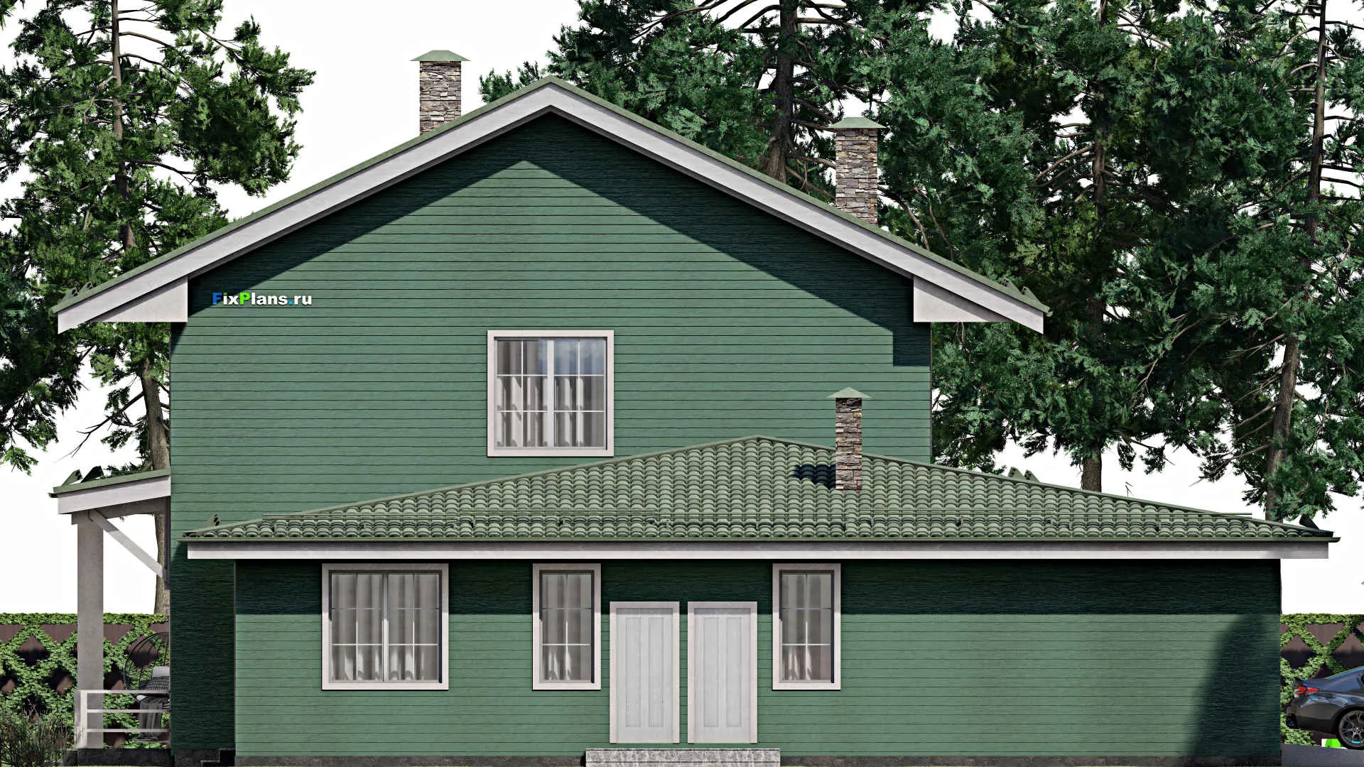 F-12158 - Проект дома с мансардой 19 на 23, площадью 400 м² с террасой, гаражом на 2 машины и 7 спальнями