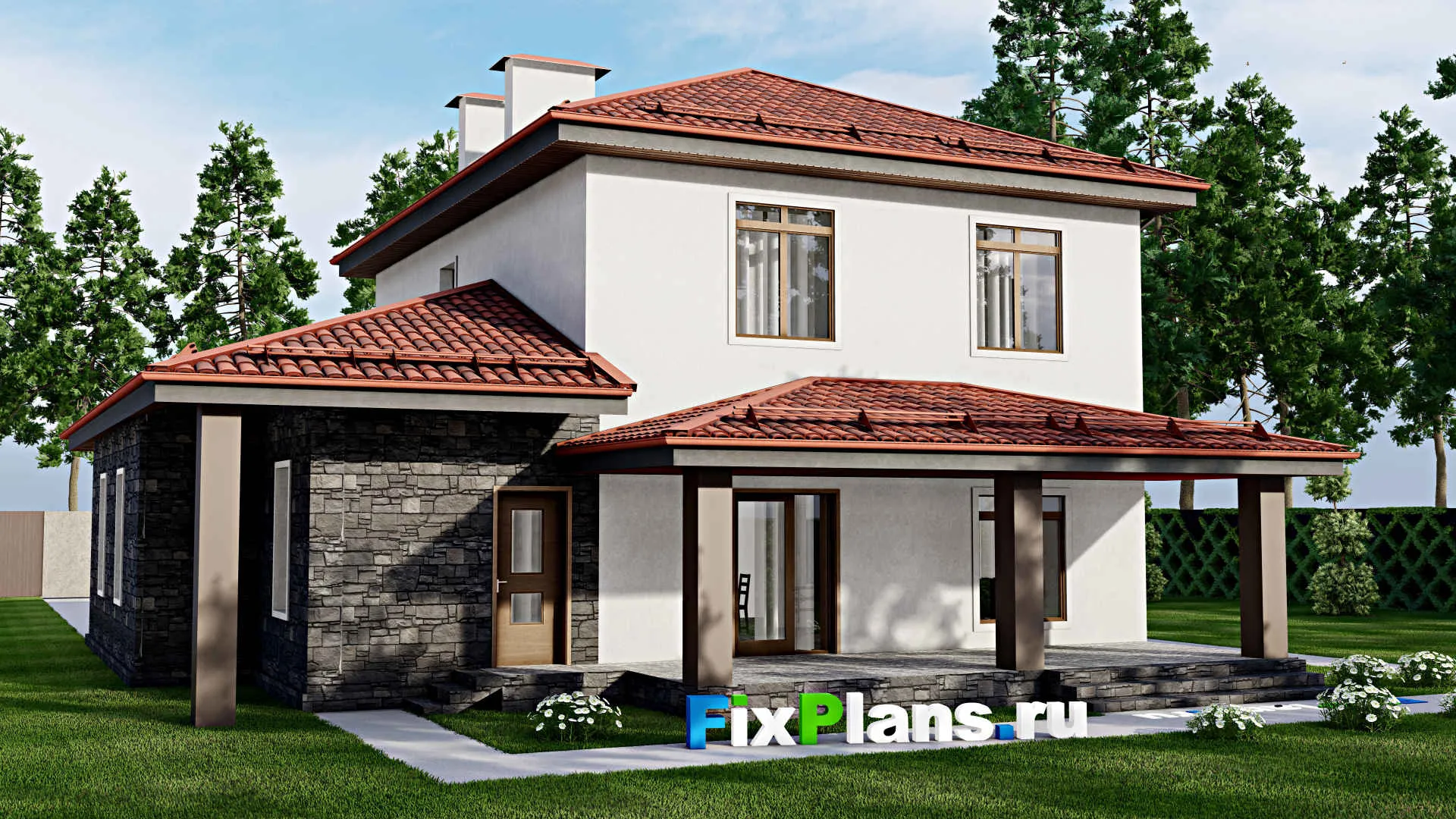 F-4247 - Планы двухэтажного дома 15 на 16, площадью 200 м² с террасой, гаражом на 1 машину и 4 спальнями