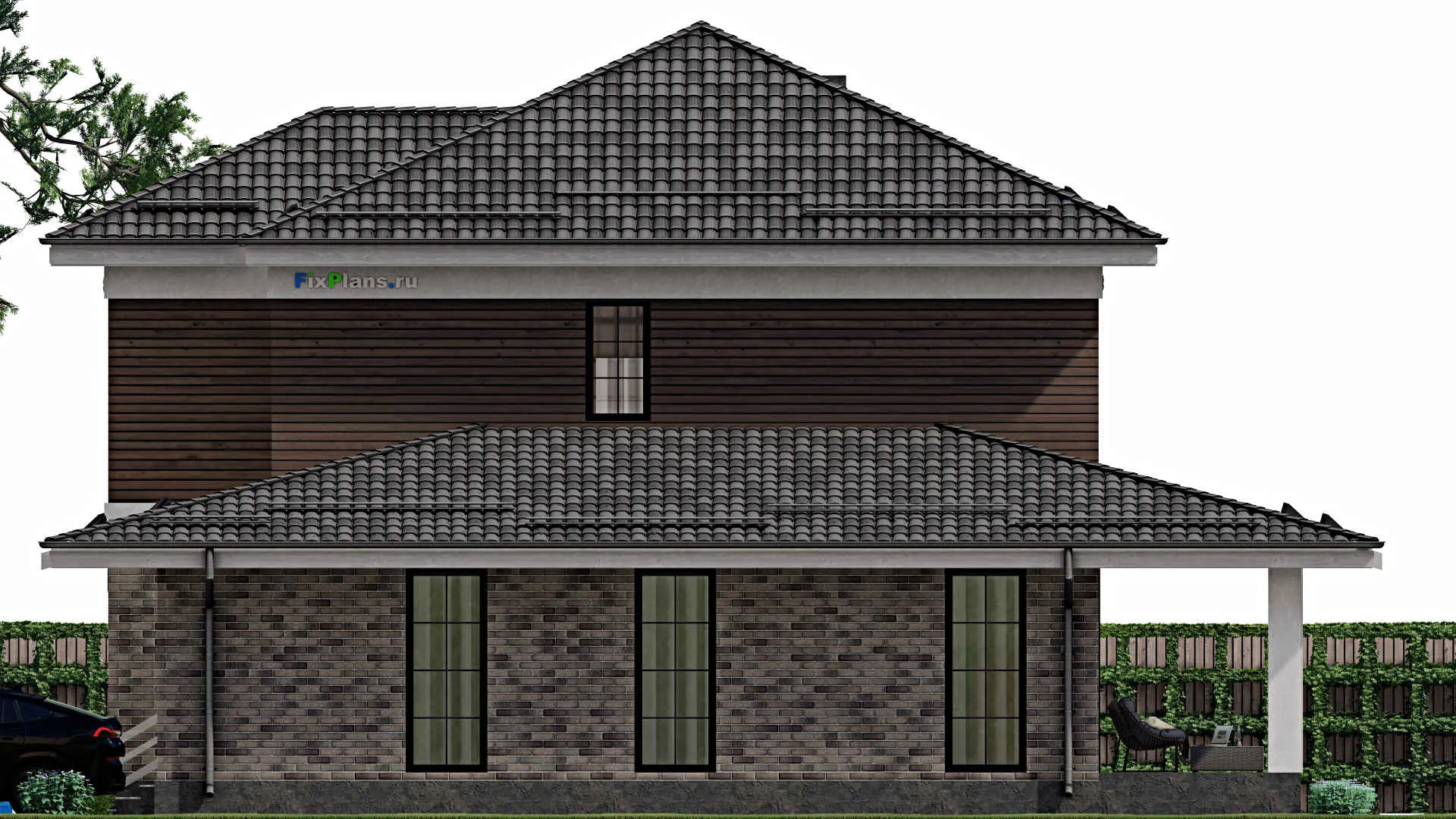 F-2213 - Проект двухэтажного дома 13 на 16, площадью 240 м² с террасой, гаражом на 1 машину и 3 спальнями