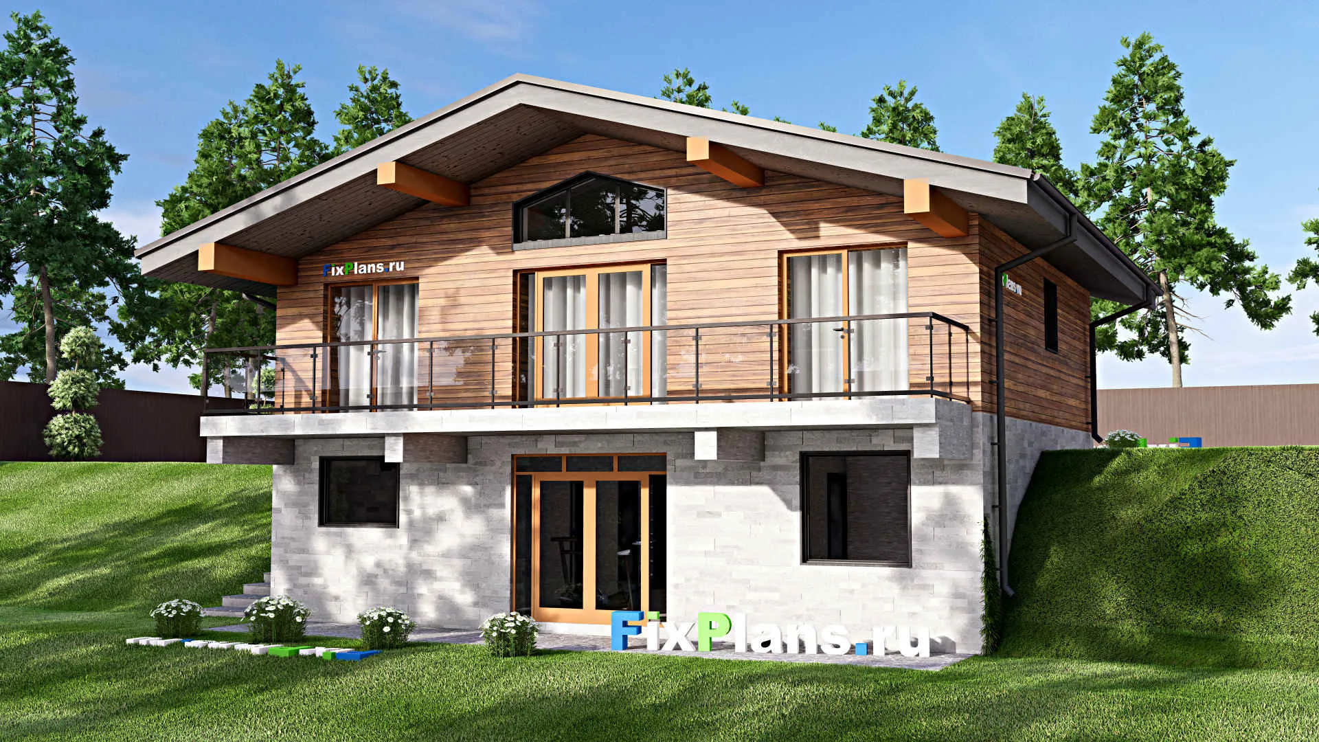 F-9827 - Проект одноэтажного дома 12 на 12, площадью 190 м² с террасой, цокольным этажом, баней, спортзалом и 1 спальнями