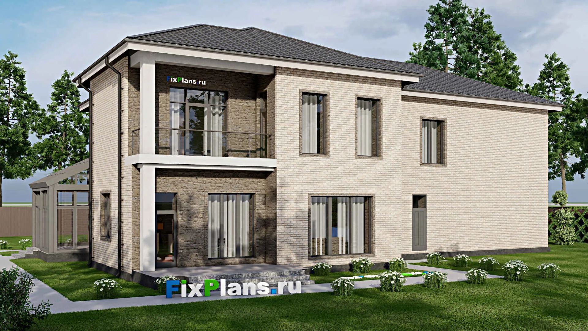 F-5507 - Планы двухэтажного дома 17 на 25, площадью 500 м² с террасой, балконом, гаражом на 2 машины и 4 спальнями