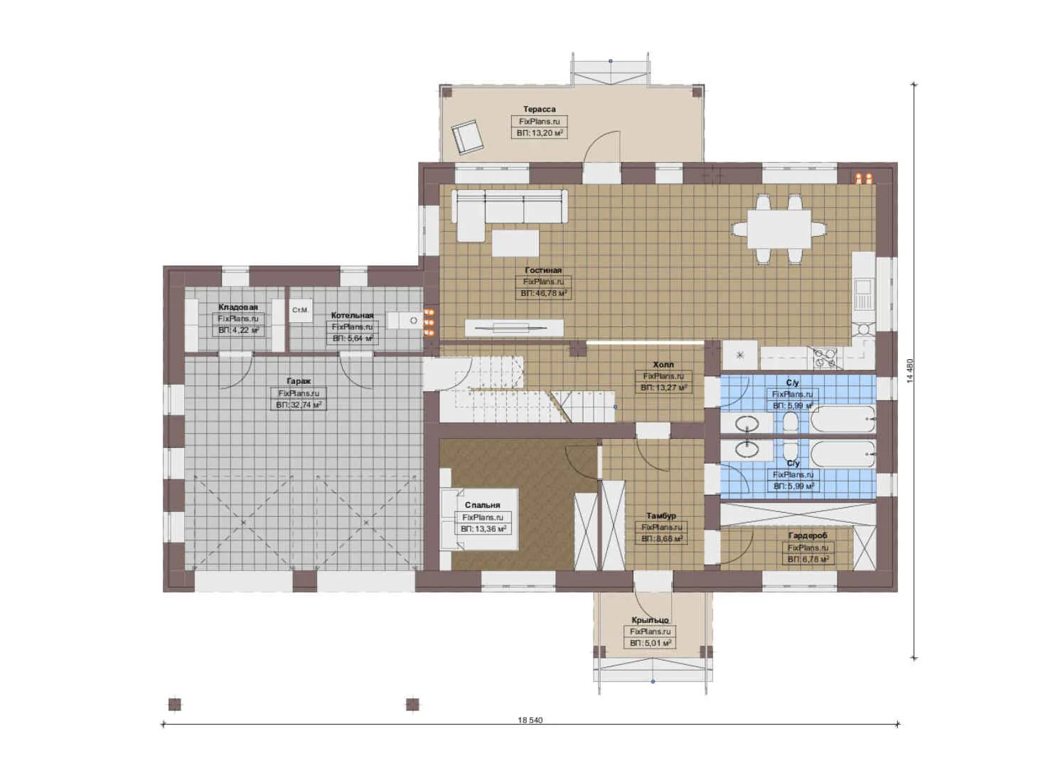 F-12365 - Планы двухэтажного дома 15 на 19, площадью 260 м² с террасой, гаражом на 1 машину и 4 спальнями