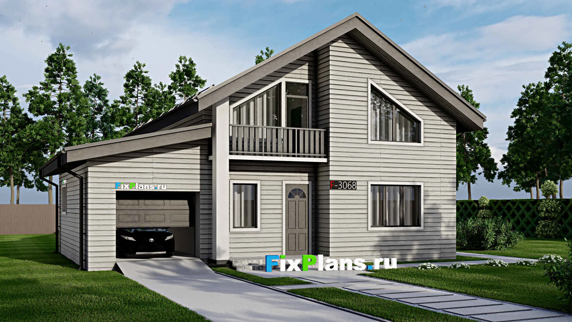 F-3068 - Проект дома с мансардой 11 на 13, площадью 170 м² с террасой, балконом, цокольным этажом, гаражом на 1 машину и 4 спальнями