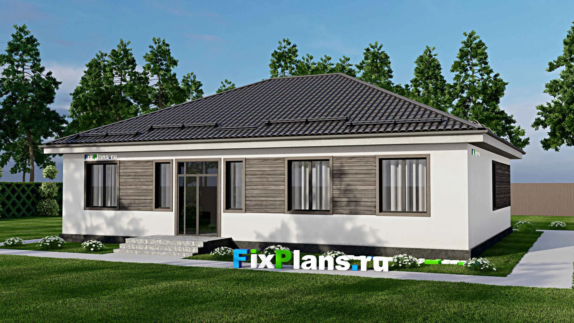 F-4004 - План одноэтажного дома 12 на 16, площадью 160 м² с террасой и 5 спальнями