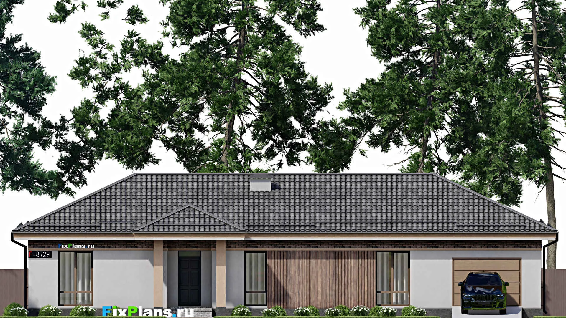 F-8729 - Проект одноэтажного дома 12 на 23, площадью 170 м² с террасой, гаражом на 1 машину и 3 спальнями