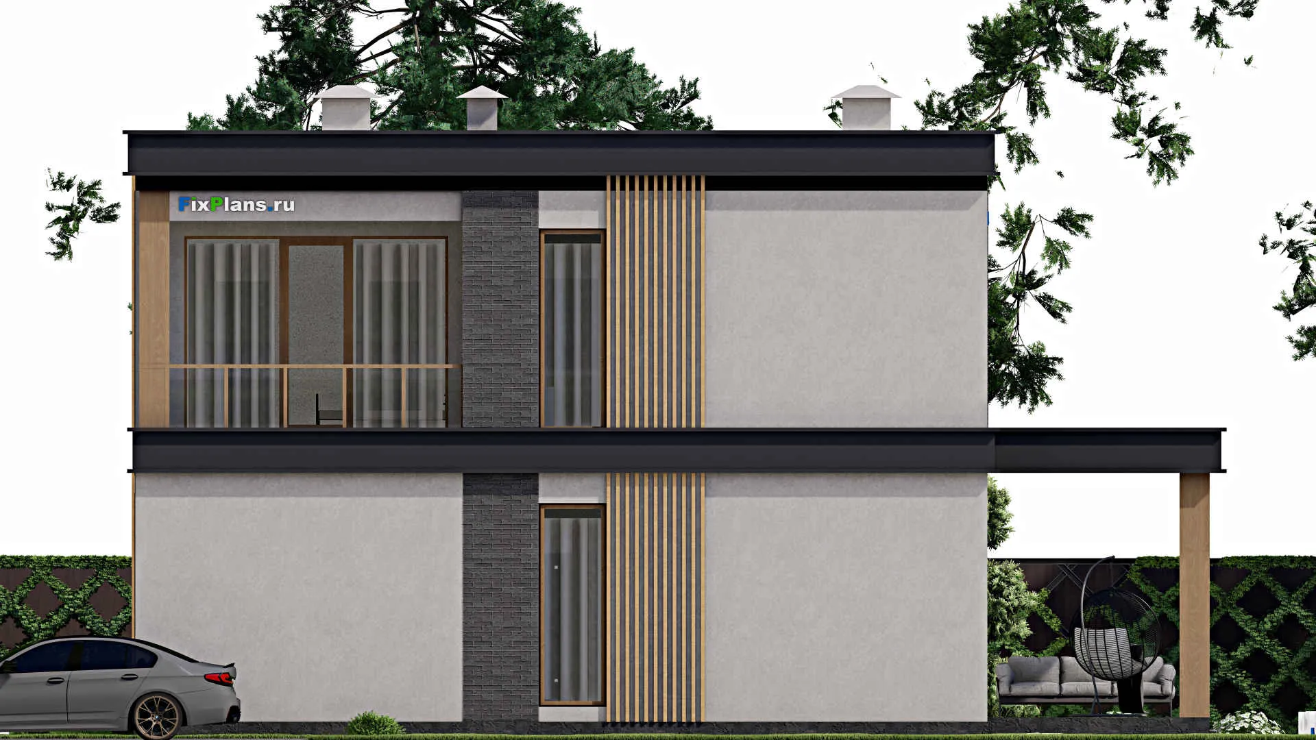 F-8666 - Проект двухэтажного дома 12 на 12, площадью 230 м² с террасой, балконом и 4 спальнями