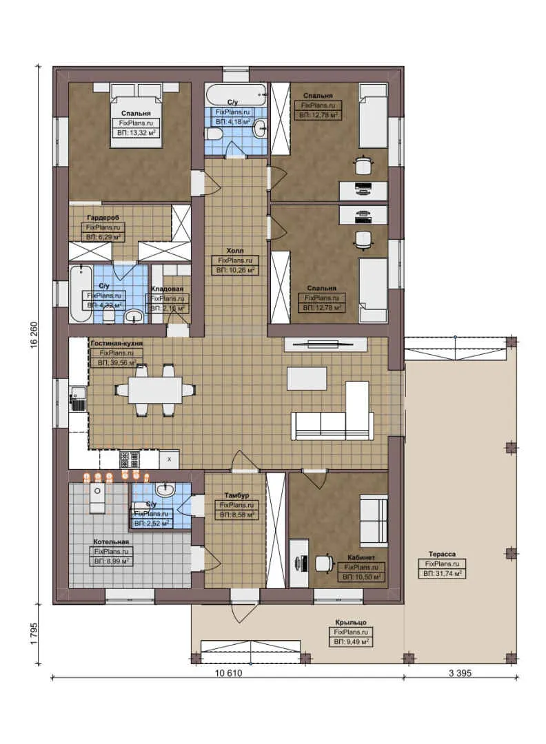 F-5102 - План одноэтажного дома 11 на 17, площадью 180 м² с террасой и 3 спальнями