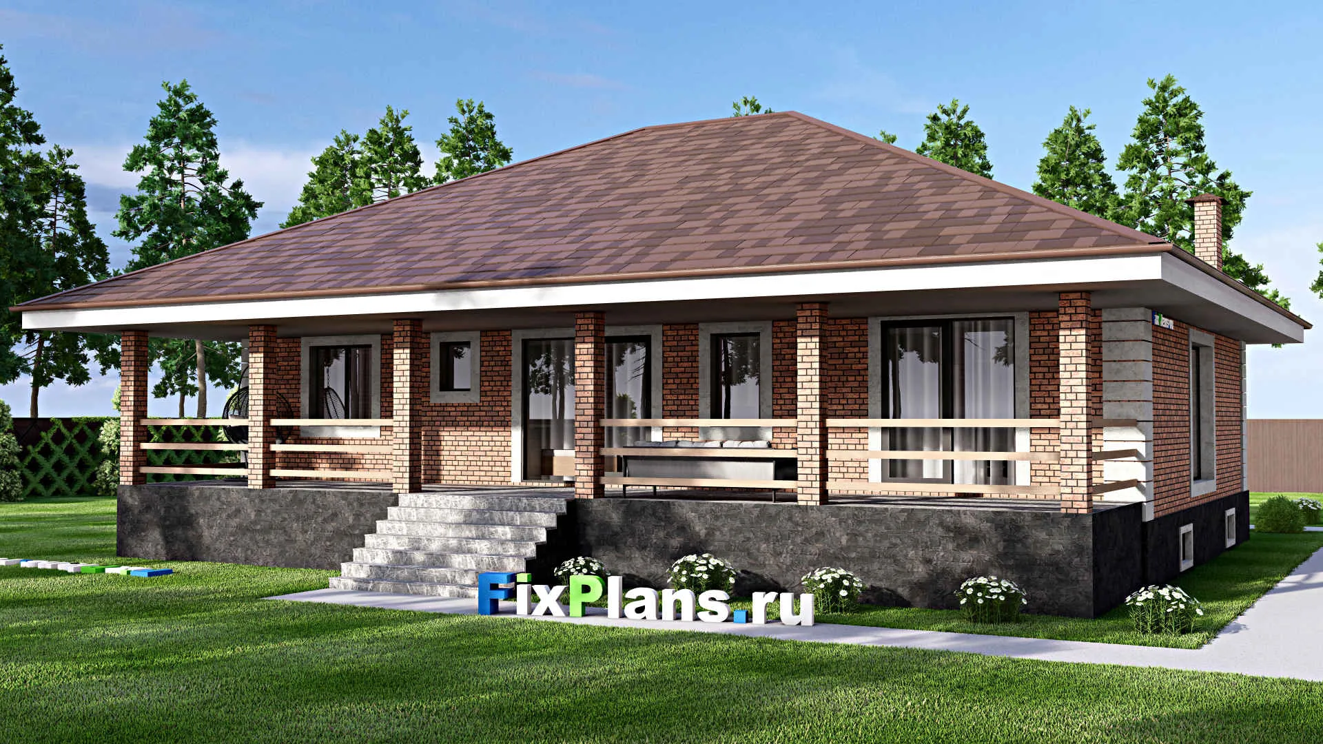 F-13868 - Проект одноэтажного дома 15 на 17, площадью 290 м² с террасой, цокольным этажом и 3 спальнями