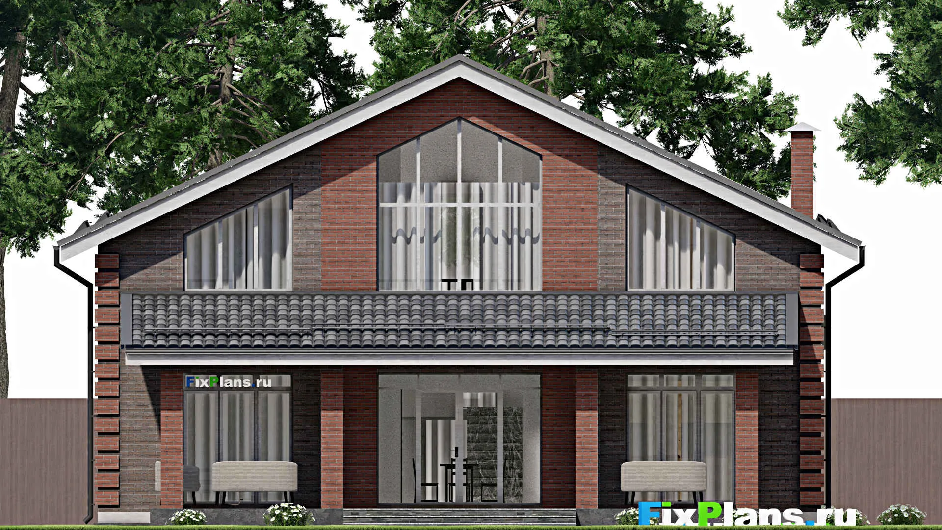 F-6497 - Планы дома с мансардой 14 на 14, площадью 250 м² с террасой, гаражом на 1 машину и 3 спальнями