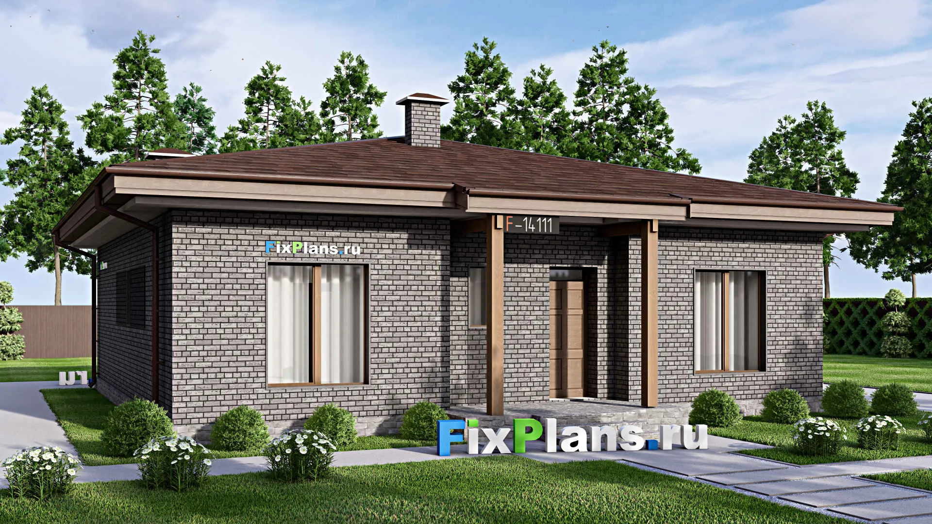 F-14111 - Проект одноэтажного дома 13 на 17, площадью 160 м² с террасой и 3 спальнями