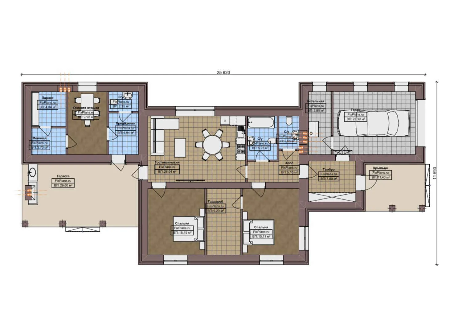 F-9053 - План одноэтажного дома 12 на 26, площадью 190 м² с террасой, баней, гаражом на 1 машину и 2 спальнями