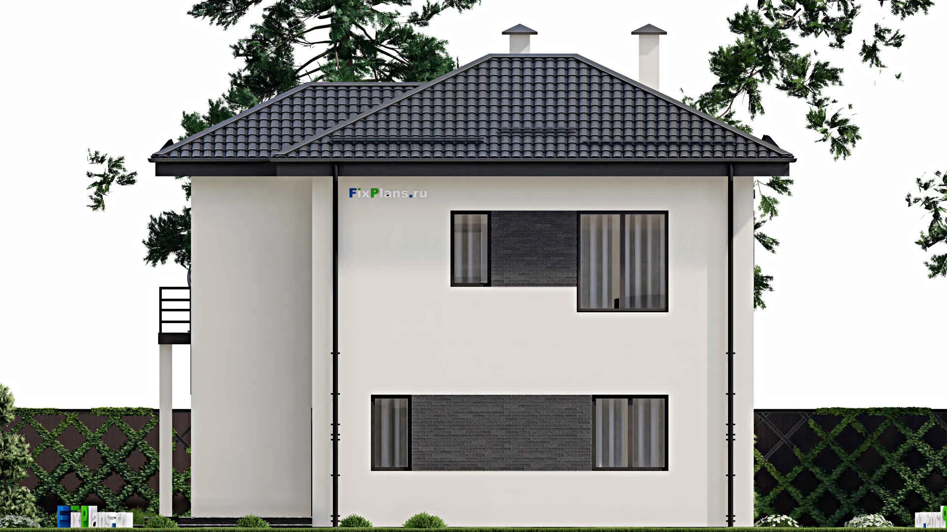 F-5075 - Проект двухэтажного дома 12 на 12, площадью 200 м² с террасой, балконом и 4 спальнями