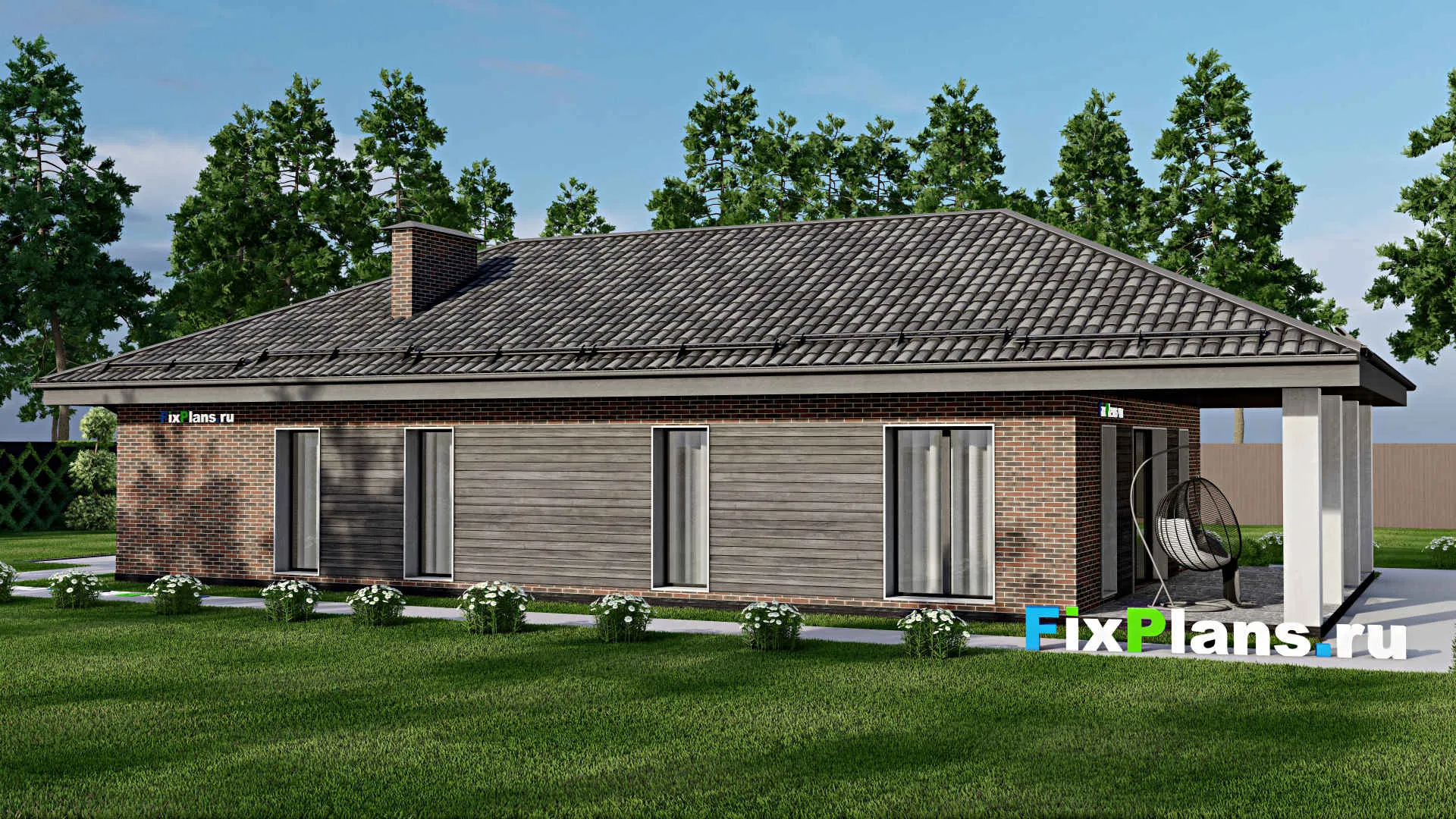 F-6767 - Проект одноэтажного дома 11 на 19, площадью 150 м² с террасой и 3 спальнями