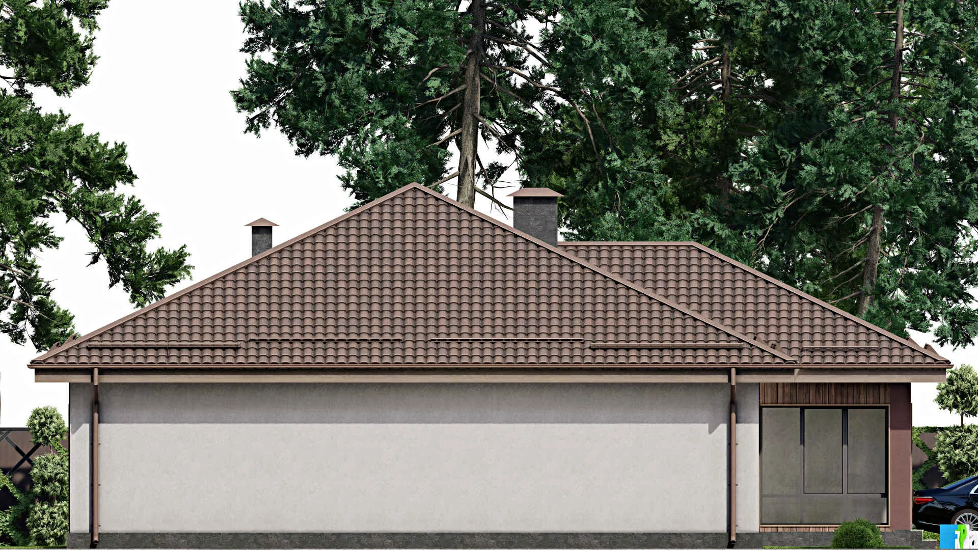 F-7649 - План одноэтажного дома 17 на 18, площадью 220 м² с гаражом на 2 машины и 3 спальнями