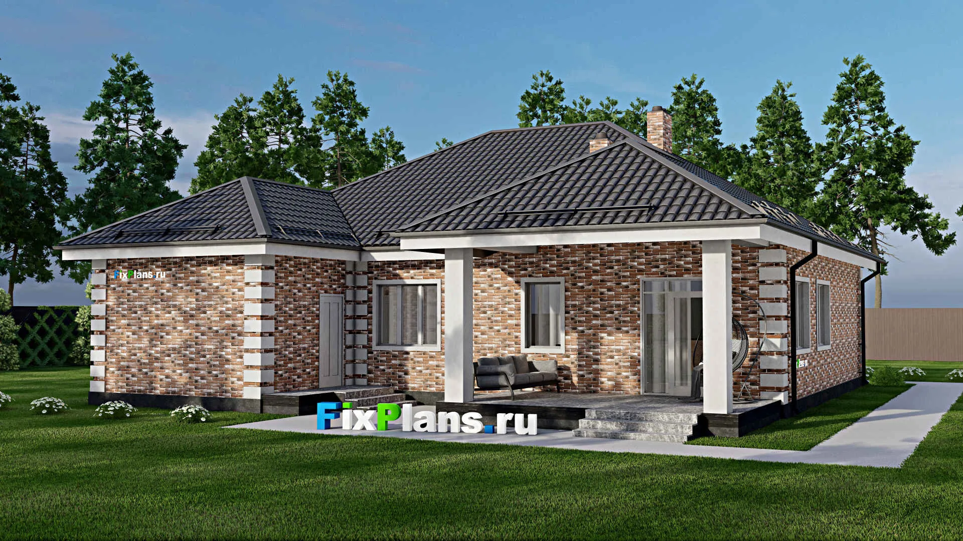 F-2951 - Проект одноэтажного дома 15 на 15, площадью 150 м² с террасой, гаражом на 1 машину и 3 спальнями