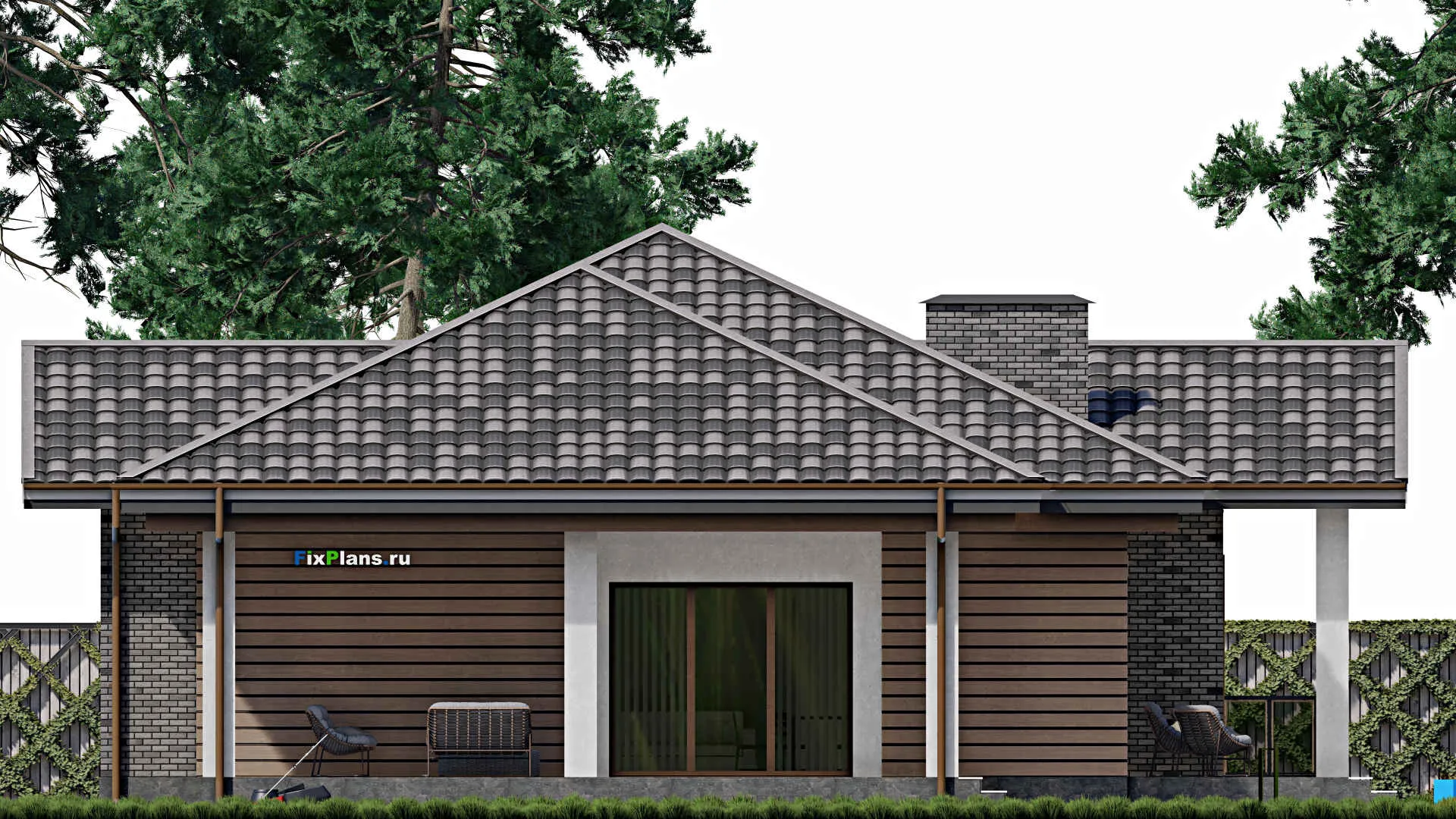 F-0467 - План одноэтажного дома 14 на 14, площадью 190 м² с террасой и 5 спальнями