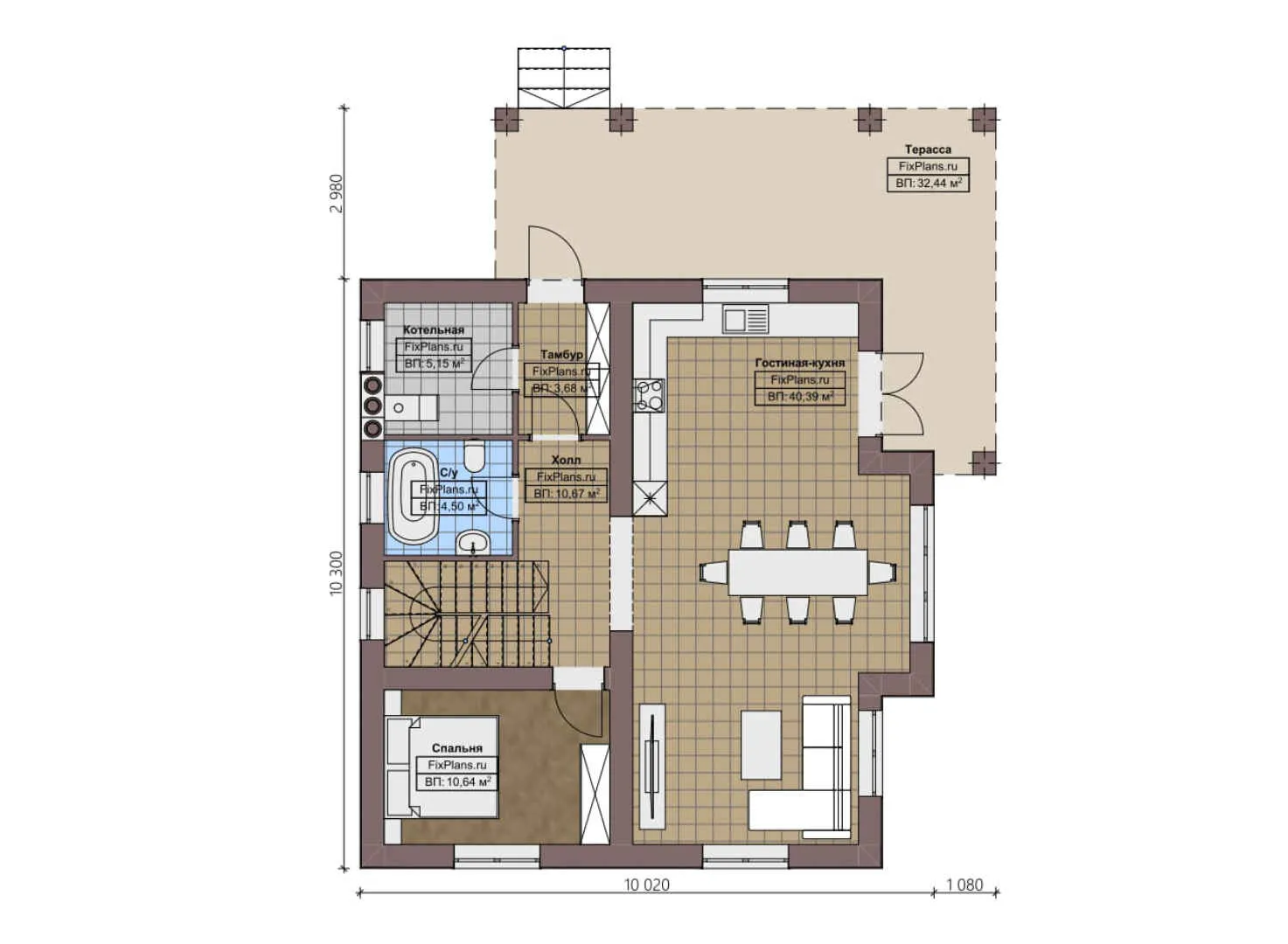 F-3347 - Планы двухэтажного дома 11 на 11, площадью 180 м² с террасой и 4 спальнями