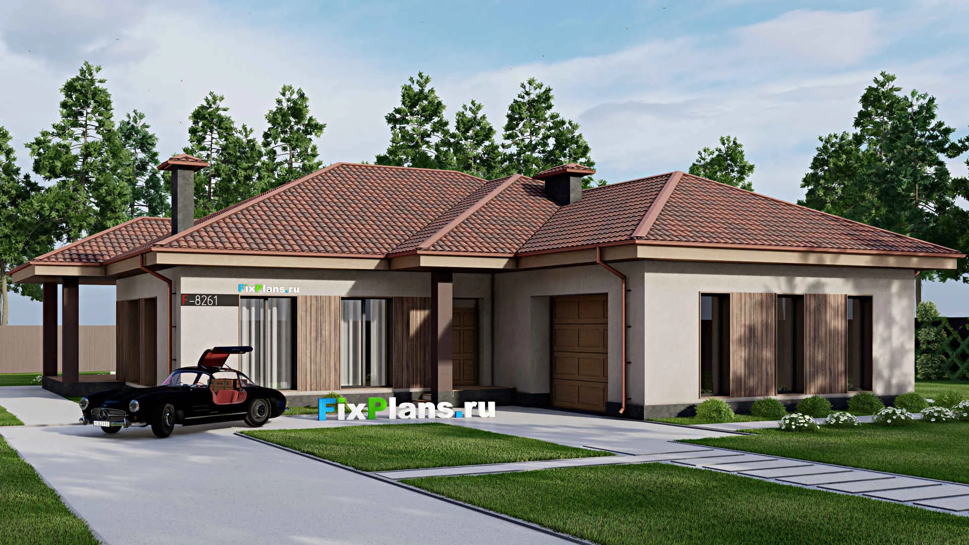 F-8261 - Проект одноэтажного дома 19 на 20, площадью 230 м² с террасой, гаражом на 2 машины и 3 спальнями