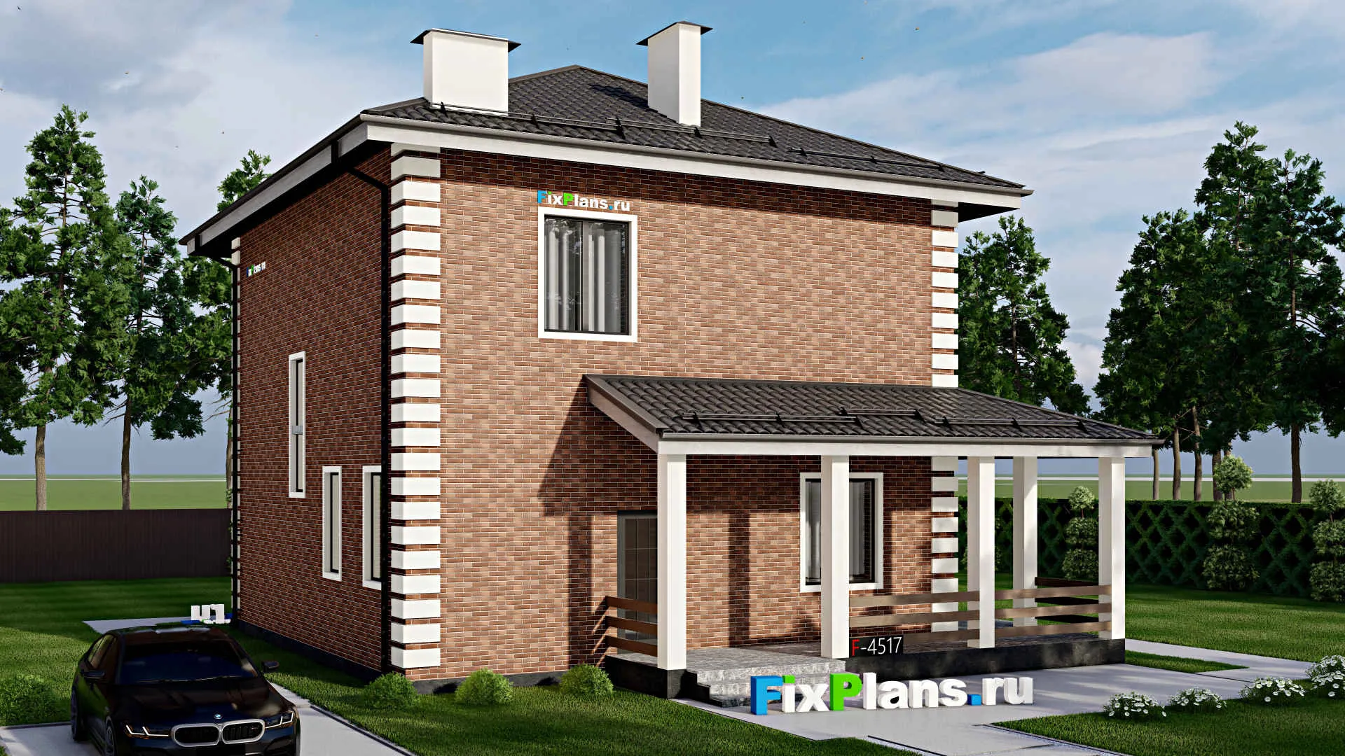 F-4517 - Проект двухэтажного дома 11 на 11, площадью 200 м² с террасой и 4 спальнями