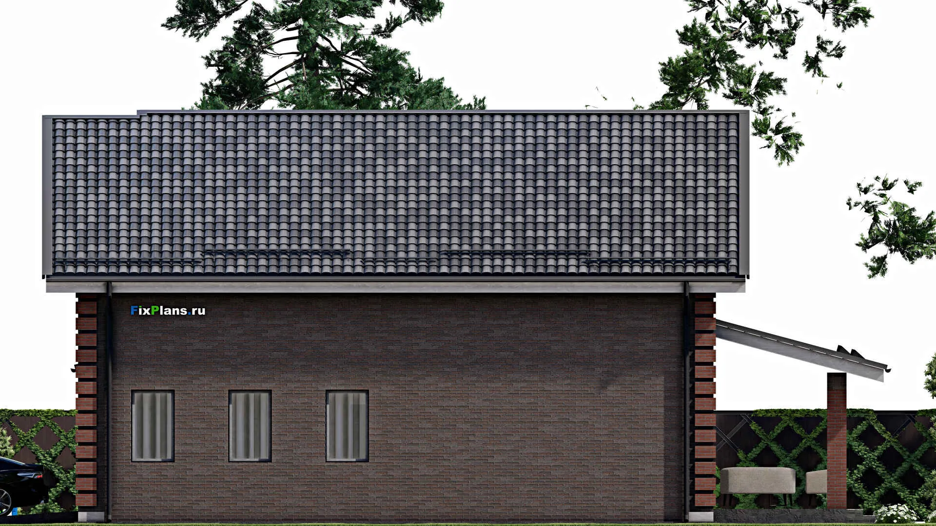 F-6497 - Планы дома с мансардой 14 на 14, площадью 250 м² с террасой, гаражом на 1 машину и 3 спальнями