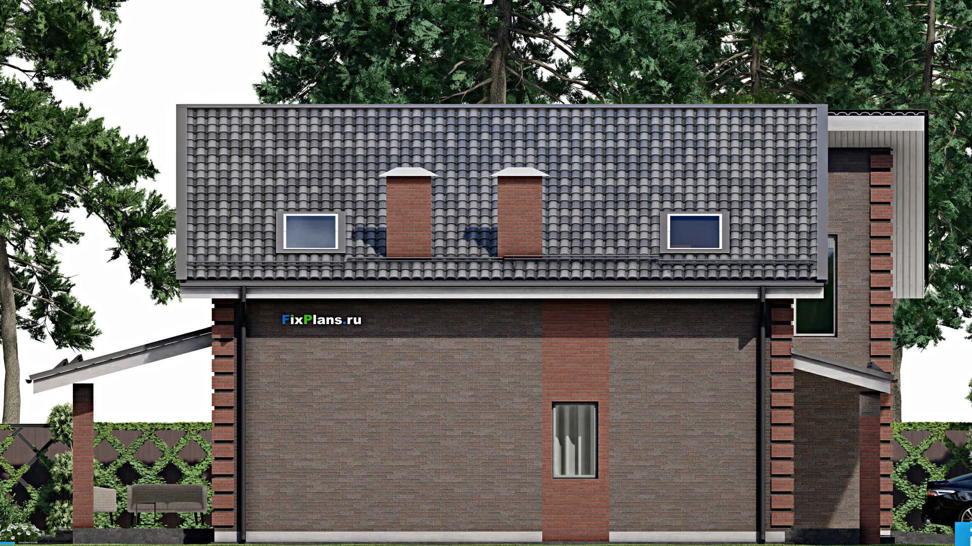 F-6497 - Планы дома с мансардой 14 на 14, площадью 250 м² с террасой, гаражом на 1 машину и 3 спальнями